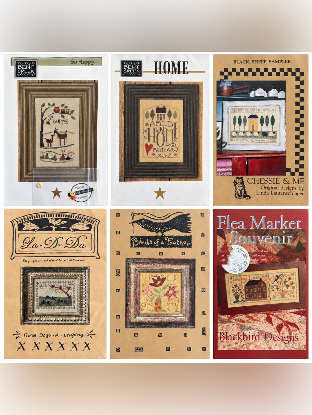 Cross Stitch Pattern Lot 6 Bent Creek Blackbird Designs Primitive Samplers